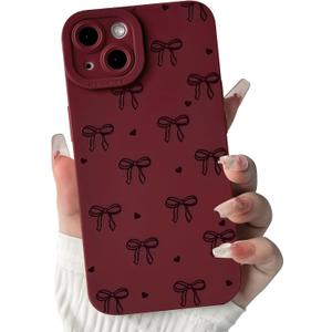NITITOP Compatible for iPhone 15 Plus Case Cute Bow Knot - Wine Red | Aesthetic, Stylish, Ribbon bow love heart pattern, Full-lens protection, For girls women, Soft TPU, Shockproof, Waterproof