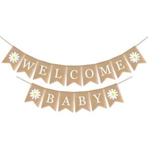 Welcome Baby Burlap Banner for Baby Shower Decorations- Daisy Themed Welcome Baby Banner - Elegant Baby Announcement Sign for Boy and Girl - Newborn Birth Hospital Signs - Baby Arrival Banners - Adorable Baby Shower Decor