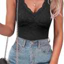 SAUNGKUAI Women's V Neck Sleeveless Bodysuit Going Out Body Suit Tank Tops 2025 Lace Trendy Outfits (Medium, Black)