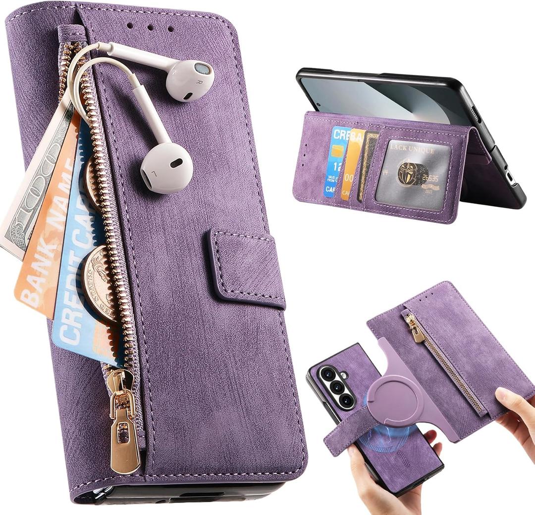 2-in-1 Magnetic Detachable Wallet Case for Samsung Galaxy Z Fold 7, PU Leather Flip Cover with Card Holder, Zipper Pocket, Kickstand Shockproof Protective Case for Galaxy Fold7 CXML Purple