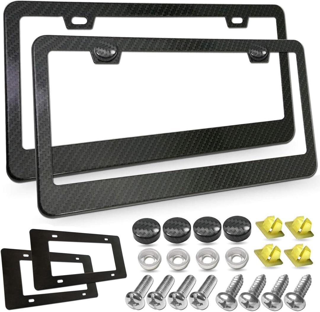 Carbon Fiber License Plate Frame- Black Aluminum Auto Car Tag Cover, 2 Pack Heavy Duty Holder for US Front and Rear Plate, with Mounting Hardware Kit- Screws Bolts, Inserts, Caps, Rattle Proof Pads