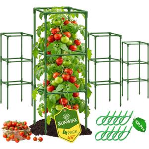 4 Pack Square Tomato Cages for Garden, 45 Inch Adjustable Tomato Stakes, Metal Tomato Trellis, Garden Plant Support for Potted Climbing Plants, Vegetables Flowers Fruits, Raised Garden Bed