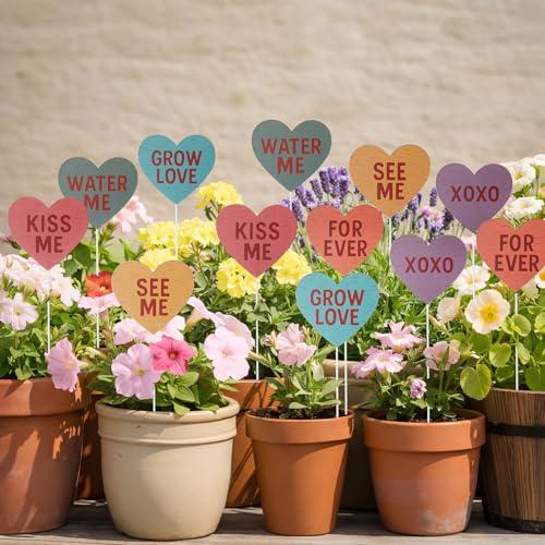 Frienda 12 Pcs Vintage Valentine's Day Planter Stakes for Outdoor Valentine's Day Conversation Yard Hearts Decor Red Pink Pastel Candy Metal Hearts Plant Stakes Sign for Patio Lawn Garden(Candy Color)