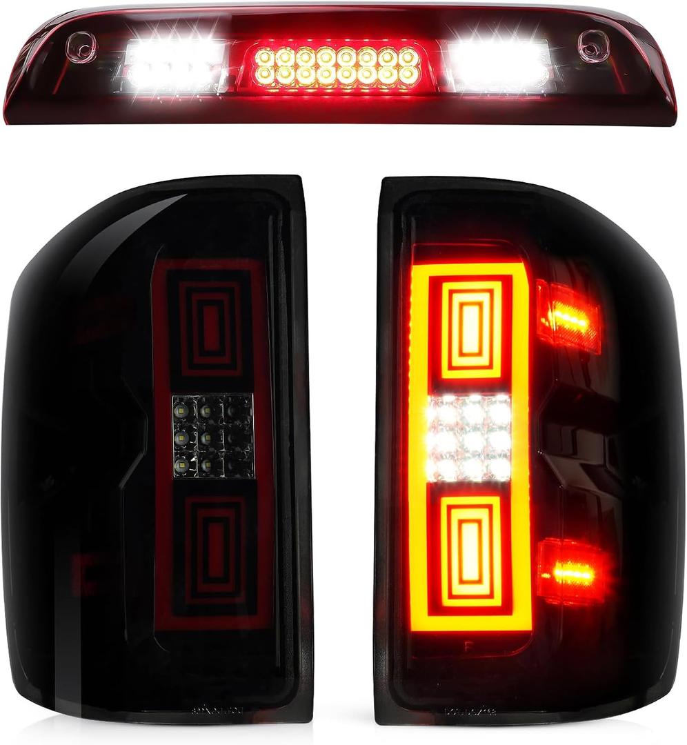 LED Tail Light + 3rd Brake Light Kit Fit for Chevy Silverado 1500 2500 HD 3500 HD 2014-2018, for GMC Sierra 3500 HD 2015-2018 with Dual Wheel [Factory Halogen Model] 3 Pcs, Smoke + Red Lens