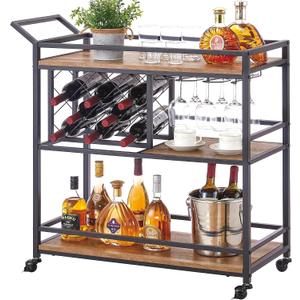 FATORRI Bar Cart for The Home, Rolling Wine Carts on Wheels with 3 Tier Wood Shelves, Liquor Beverage Cart with Wine Rack and Glass Holder (Rustic Oak), 14.17" D x 35.43" W x 36.02" H