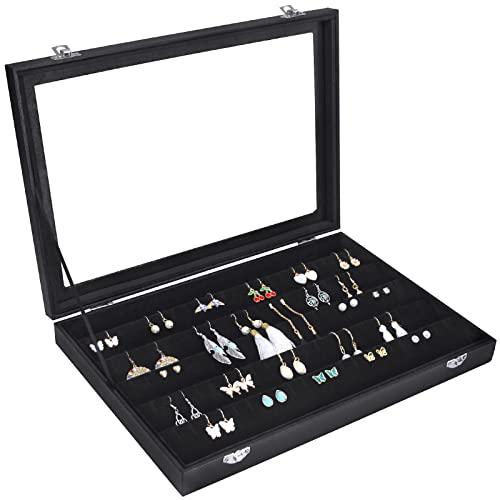 Siveit Earring Organizer Tray Velvet Earring Display Organizer Storage Box Premium 110 Slot 55 Pair Earring Display Organizer with Transparent Glass Cover Suitable for Women and Girls (Black)
