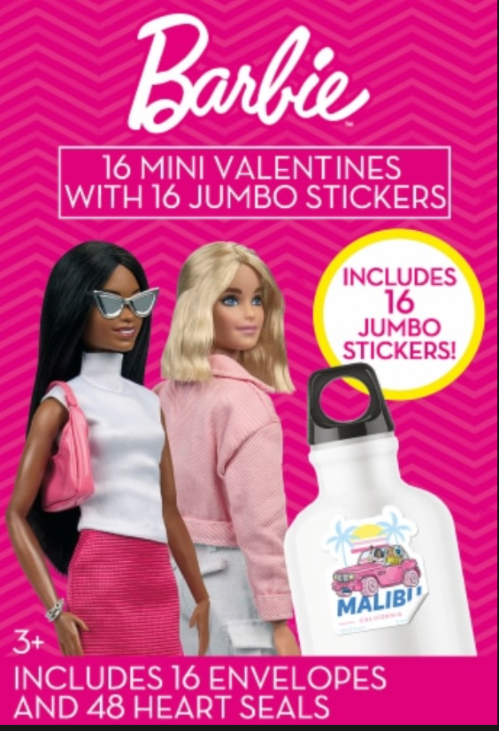 Barbie 16 Mini Valentines Cards with Jumbo Stickers 3 Pack