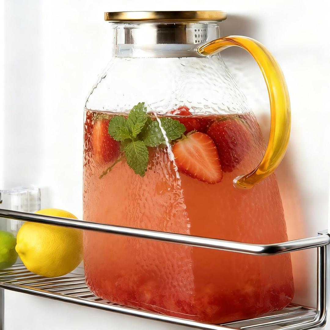 Glass Pitcher with Lid and Spout, 1.8 L/60 oz Clear Fridge Door Jug, Borosilicate Glass Bottle with Handle and Stainless Steel Lid, Hot & Cold Beverage Pitcher for Iced Tea, Coffee, Juice, Milk