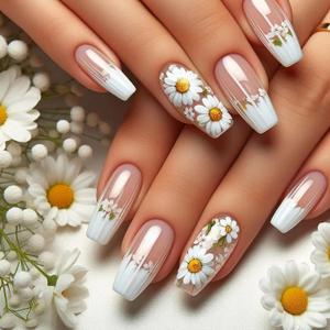 BABALAL Press on Nails Long Coffin Fake Nails White French Tip Glue on Art Daisy 24Pcs DIY False Acrylic Nails Supplies Ballerina Glossy Summer Spring Manicure Artificial
