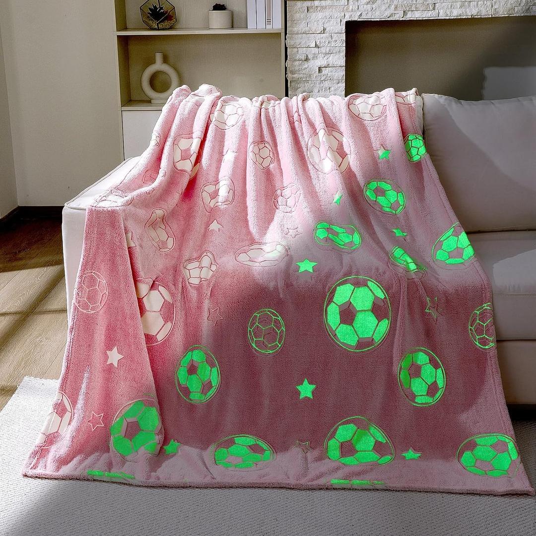 Pink Soccer Blanket for Girls 50 x 60 Inch Glow in The Dark Fun Throw Blanket Football Stuff Team Gifts for Soccer Lovers Players Halloween Christmas Thanksgiving Gift