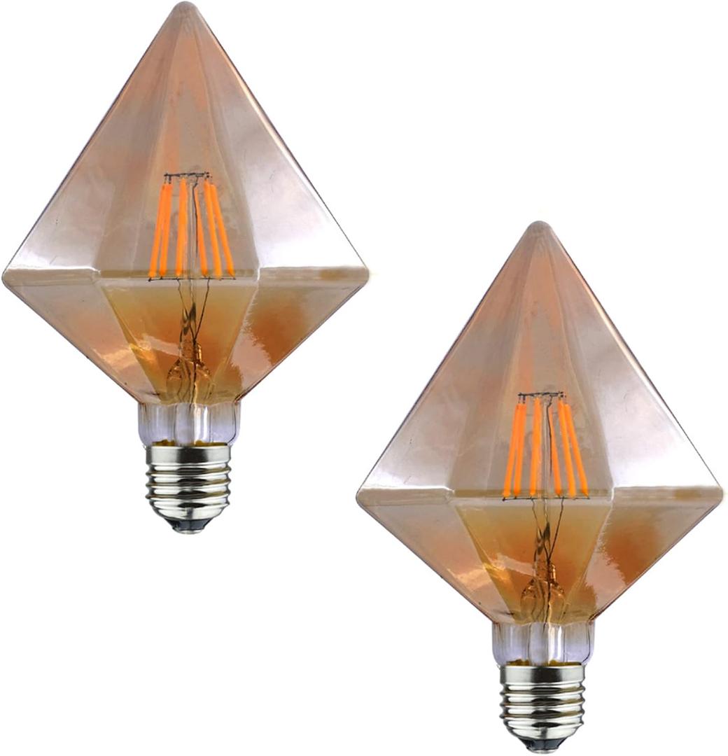 Lxcom Lighting 8W LED Edison Light Bulb E26 Dimmable Vintage Bulbs 80W Equivalent Soft Warm White 2200K D110 Diamond Shape Amber Glass Decorative LED Filament Bulbs for Bar Home Restaurant, 2 Pack