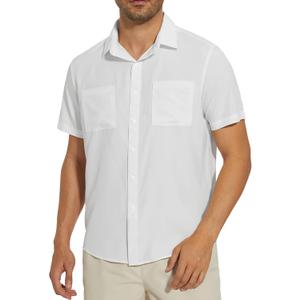 BASSDASH Men's UPF 50+ Short Sleeve Snap Button Down Shirt Regular Fit Woven Two Pockets Casual Dress Shirts (Large, White)