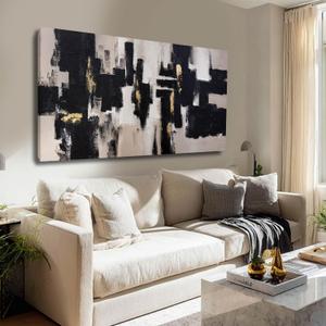 GAIDUOMAI Black and Grey Abstract Wall Decor for Living Room Gold Foil Canvas Painting Contemporary Artwork for Walls Neutral Black Art for Office Hotel 24"x 48"