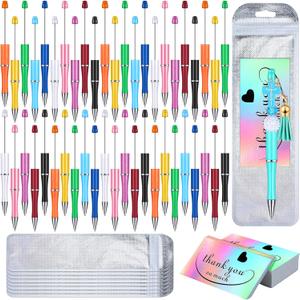 Yeaqee 150 Pieces Beadable Pens Kit 50 Pieces Colors Plastic Beaded Ballpoint Pens Bulk 50 Foil Thank You Cards with 50 Resealable Packaging Bags for School DIY Making Gift(Bright Style)