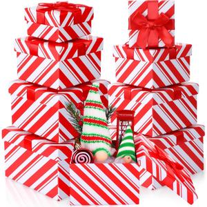 Zhanmai 8 Pcs Christmas Nesting Boxes Stackable Gift Boxes with Lids for Present Candy Cane Red White Green Christmas Boxes for Gifts Giving Holiday Decorative Present Wrapping (Red White, Square)
