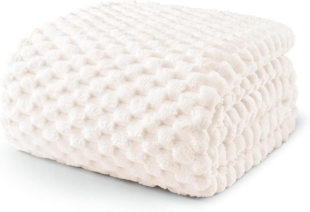 Exclusivo Mezcla Queen Size Fleece Blanket for Bed, 90x90 Inches Stylish Jacquard Velvet Soft Blanket, Fuzzy Cozy Lightweight for Winter, Ivory