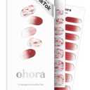 ohora Semi Cured Gel Nail Strips (N Brilliant) - Red, Patterned, Works with Any UV/LED Lamps, Salon-Quality, Long Lasting, Easy to Apply & Remove - Includes 2 Prep Pads, Nail File & Wooden Stick