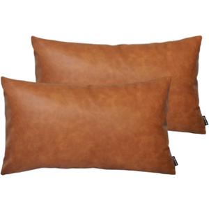 Set of 2 Thick Faux Leather Lumbar Throw Pillow Covers 12x20, Modern Farmhouse Boho Small Long Accent Scandinavian Decor Rectangle Decorative Cushion Cases for Couch Bed Sofa Cognac Brown
