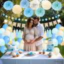 Blue Baby Shower Decorations for Boy with Welcome Baby Banner, Blue Champagne Balloons, Tassel Garlands, Swirls, and Paper Pom Poms for Boho Baby Shower or Gender Reveal Party Supplies