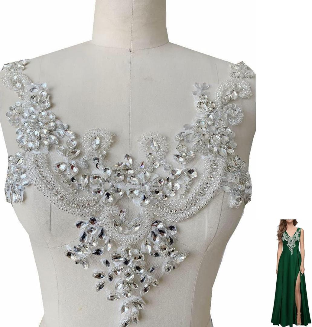 Handmade Rhinestones lace Applique handsewing Beads Trim Patches Neckline for Dress Clothes Accessory (White)