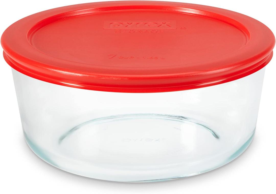 Pyrex Simply Store Glass Food Storage Container, Snug Fit Non-Toxic Plastic BPA-Free Lids, Freezer Dishwasher Microwave Safe, 7 Cup, Red 