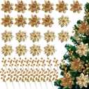 60 Pcs Gold 6 Styles Christmas Artificial Poinsettia Flowers with Glitter Berries Stems Tree Picks for Christmas Tree Ornaments DIY Xmas Wreath Crafts Holiday