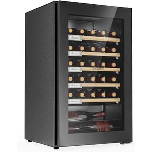 MOLINGDUN Wine Fridge, 33 Bottles Freestanding Wine Cooler, Intelligent Compressor, Frost Free, Glass Door, 41-64 Adjustable Digital Temperature Control, for Red, White, Champagne or Sparkling Wine (Black)