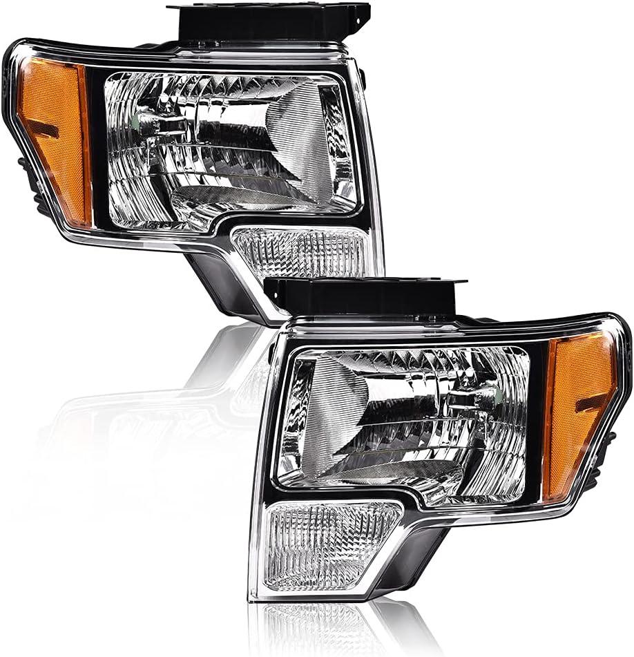 Headlights Assembly Compatible with 2009 2010 2011 2012 2013 2014 Ford F150 Replacement Headlamps Pair Left+Right(Clear lens Chrome Housing Amber Reflector)