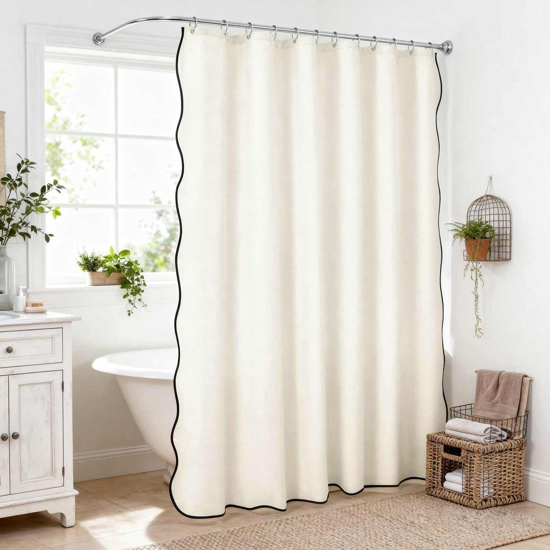 Scalloped Shower Curtain Linen Textured with 12 Metal Hooks Cute Modern Style, Washable Waterproof Cloth Shower Curtains with Black Border for Bathroom Decor Hotel Bathtub, Beige/Cream, 72x72