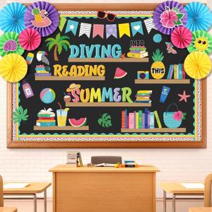 Containlol 3D Summer Bulletin Boards Decorations Large Diving into Book Summer Reading Bookshelf Classroom Bulletin Board Set Beach Theme Tropical Hawaii Luau Flamingo Cutouts for Preschool Elementary