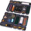 32 Pack Interlocking Desk Drawer Organizer Tray Dividers Plastic Shallow Narrow Drawers Organizers Separators Storage Bins Container for Kitchen Bathroom Makeup Office Vanity Dresser, (Black)