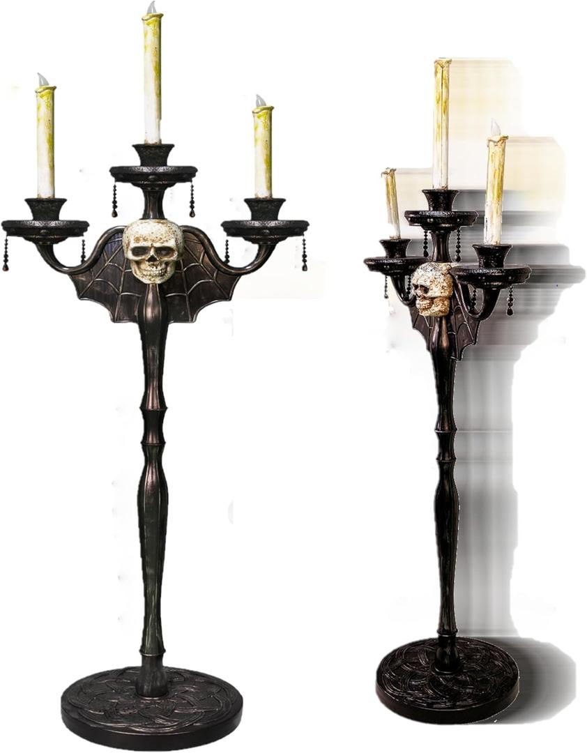 Skeleteen Animated Halloween Candelabra Decoration - Creepy Gothic Haunted Mansion Black Skull Floating Candle Holder Party Decorations Prop- 1 Piece
