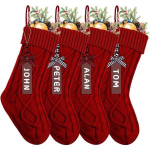 XIMISHOP 4PCS Christmas Stockings with Name Tags, 18inch Large Personalized Cable Knitted Xmas Hanging Stocking Decorations for Holiday Christmas Party Family Decor (Red)