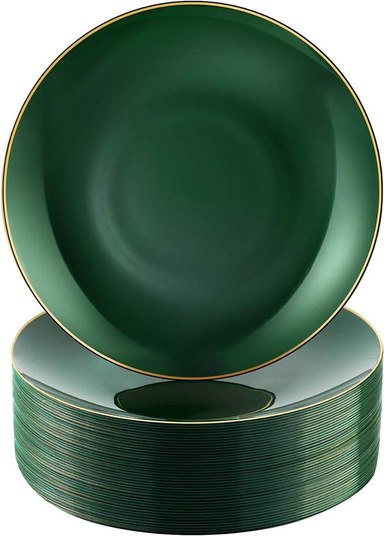 Bestluck 100 PCS Green Gold Plastic Plates, 7 inch Green Disposable Plates for Party, Disposable Dessert Plates for Party, Graduation, Birthday, Wedding