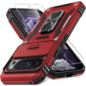 DEERLAMN Case for Google Pixel 9 Pro XL with Slide Camera Cover+Screen Protector(1 Pack), Rotated Ring Kickstand Military Grade Shockproof Protective Cover-Red