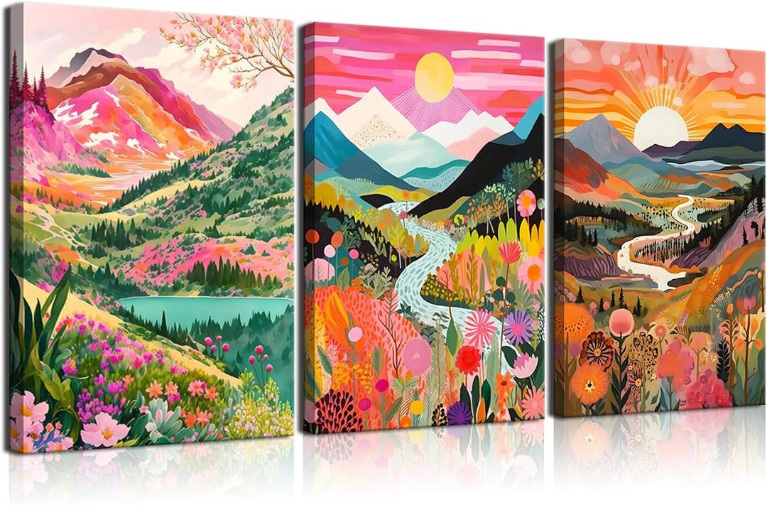 3Pcs Colorful Watercolor Mountain Canvas Wall Art Boho Floral Painting Picture Wall Decor Abstract Nature Landscape Poster Print Artwork for Living Room Bedroom Bathroom Office Home Decoration (16x24in)