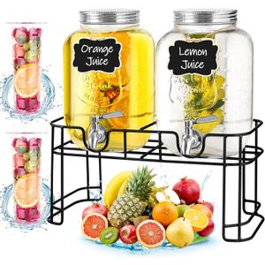 Drink Dispenser & Glass Water Dispenser, 2 Pack 1 Gallon Beverage Dispenser with Stand with Ice Core, Stainless Steel Spigot and Lid 100% Leakproof, Glass Beverage Dispenser for BBQ, Picnic, Party