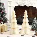 2 Pcs 20 Inch Large Paper Christmas Trees Decorations 3D White Honeycomb Neutral Christmas Trees Glitter Edge Magnetic Folding Xmas Paper Crafts for Xmas Home Mantel Holiday Party Decorations