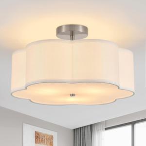 18" Modern Semi Flush Mount Ceiling Light Modern 3-Lights Linen Drum Ceiling Lighting with Chrome Finish, Vintage Ceiling Light for Living Room, Kitchen, Basement, Laundry Room, Bedroom