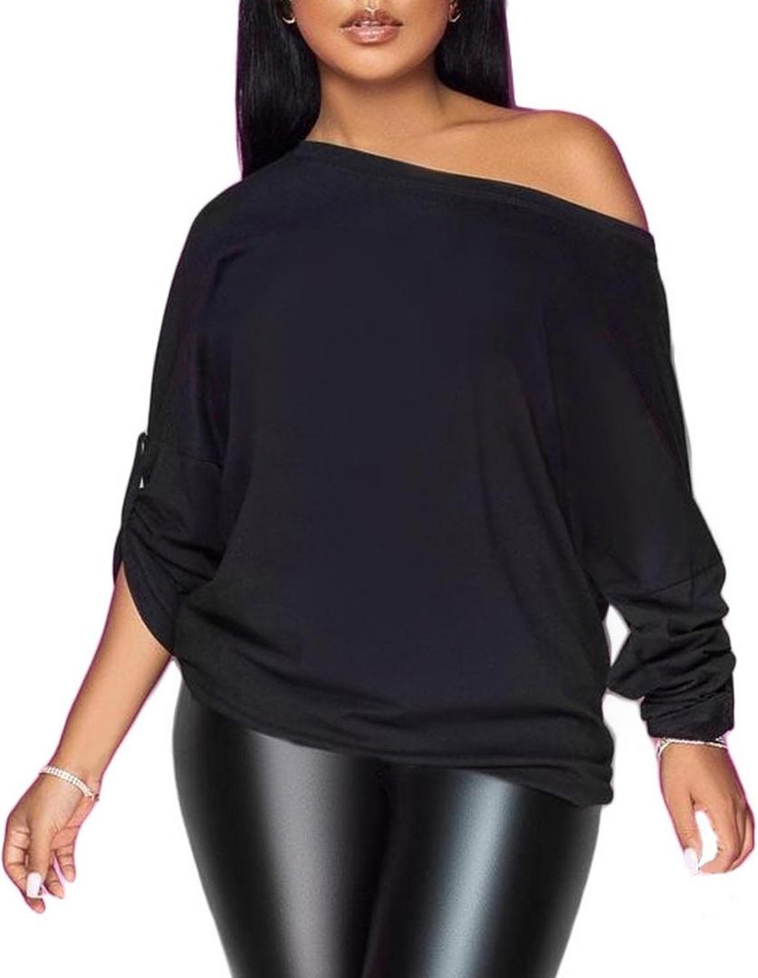 PESION Womens Off The Shoulder Tops Sexy Shiny Metallic Shirts Long Sleeves Fashion Graphic T-Shirts Blouses (Black, XXL)