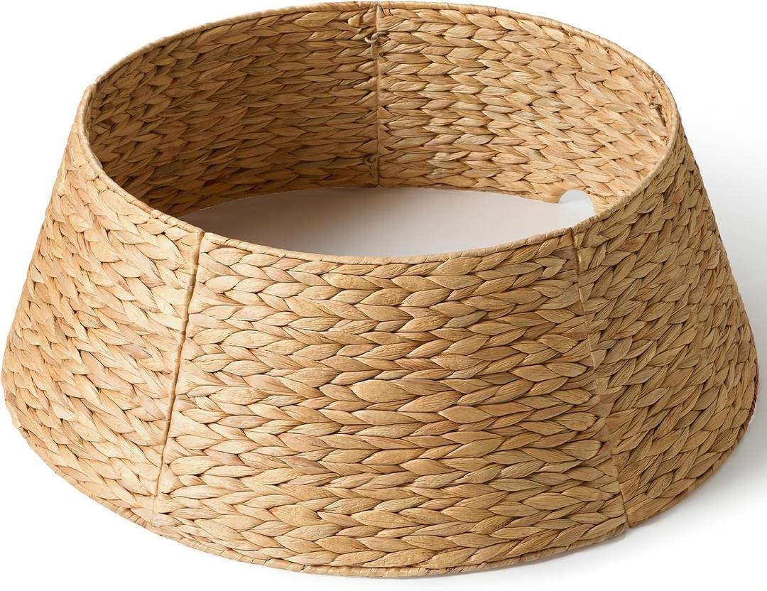 28in Christmas Tree Collar - Woven Hyacinth Tree Collars for Artificial Trees - Rattan Rustic Farmhouse Basket for Tree Base Cover with Cord Cut-Out for 6ft 7.5ft Tree (Natural)