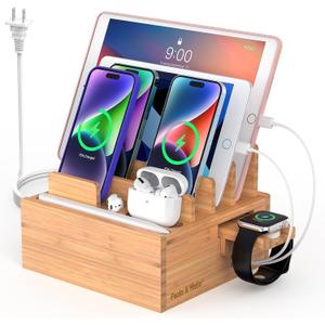 Pezin & Hulin Bamboo Charging Station for Multiple Devices Include 5 Port USB Charger, 5 Cables, Desktop Organizer for Phones, Tablet, Wooden Docking Stations (Style 1)