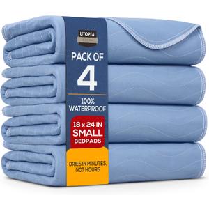 Utopia Bedding Washable Underpads 18" x 24" (Pack of 4), Waterproof Reusable Heavy Absorbency Incontinence Bed Pads for Adults, Kids, Elderly and Pets, Bedwetting Pads for Sofa and Couch (Blue)