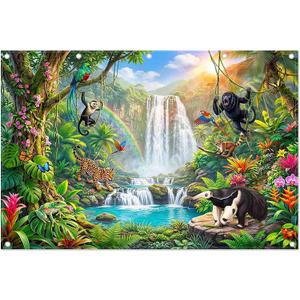 Fabric 12x8ft Rainforest Wild Animals Photography Backdrop Tropical Jungle Scenery Safari Waterfall Background Summer Event School Classroom Party Decorations Photo Props