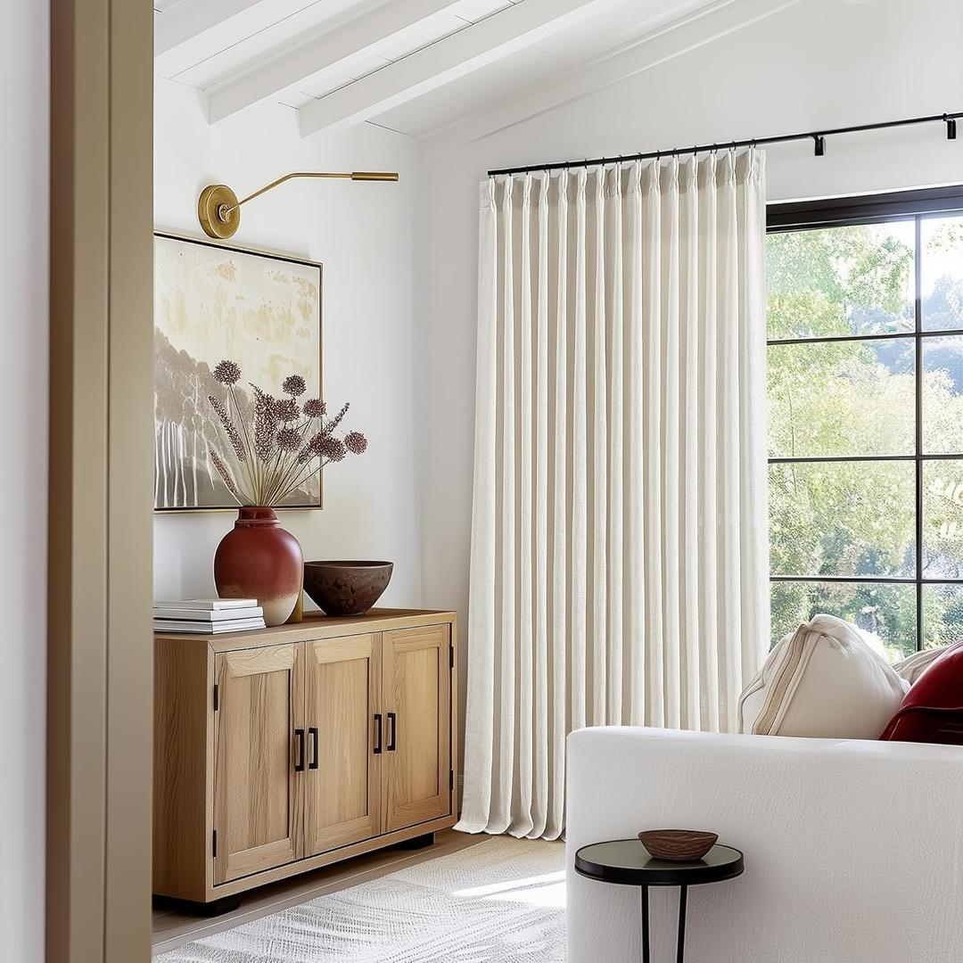 Extra Wide Pinch Pleat 100 x 102 Inch Linen Curtains for Living Room Cream Ivory Light Filtering Semi Sheer Pleated Curtains for Patio Glass Sliding Door Dining Bedroom Large Window 100x102 1 Panel (Natural)