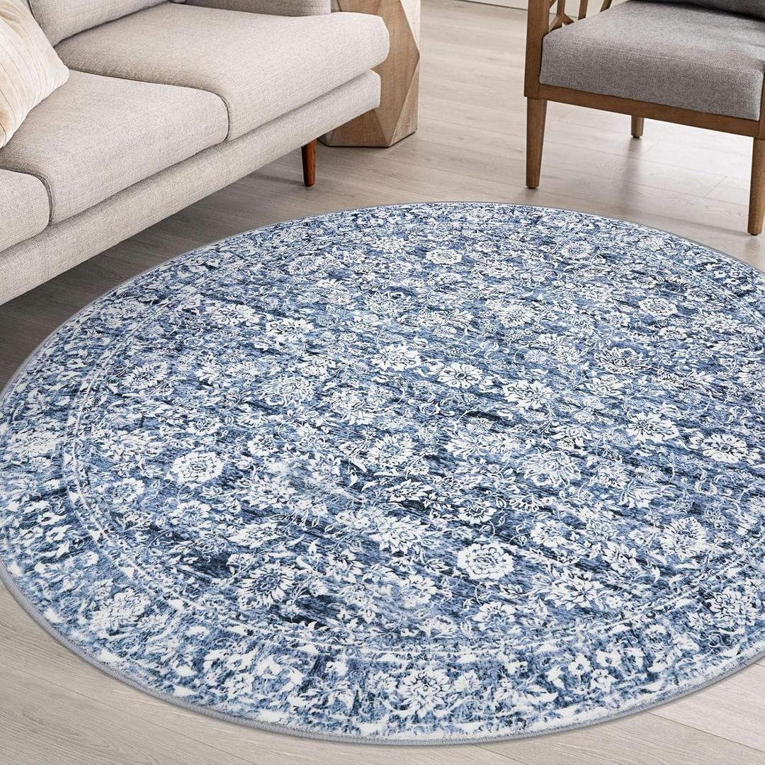 Blue 6' Round Rug Washable Rug for Entryway Soft Non-Slip Area Rugs Distressed Floral Low-Pile Carpet, Neutral Vintage Circle Rugs for Living Room Dining Bedroom Foyer (Blue/White)