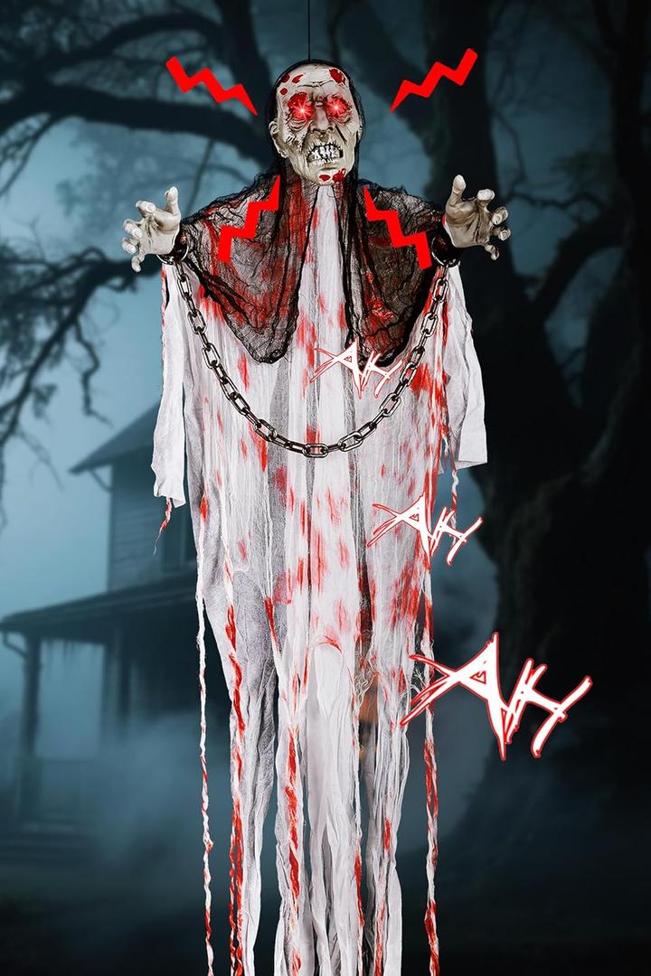 5.57FT Halloween Animatronics Reaper Hanging Skeleton Ghost - Battery Operated Holiday Decoration with Voice-Controlled Sensing Hanging for Indoor Outdoor