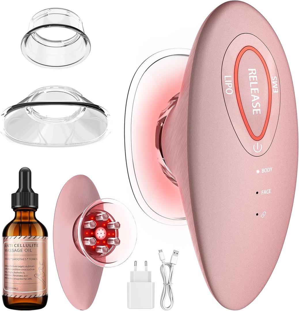 3-in-1 Body Sculpting Machine, Rechargeable Vacuum Massager for Skin Firming & Smoothing, Body Contouring Tool for Belly Arms, Legs & Back, Includes 2 Interchangeable Cups and Massage Oil