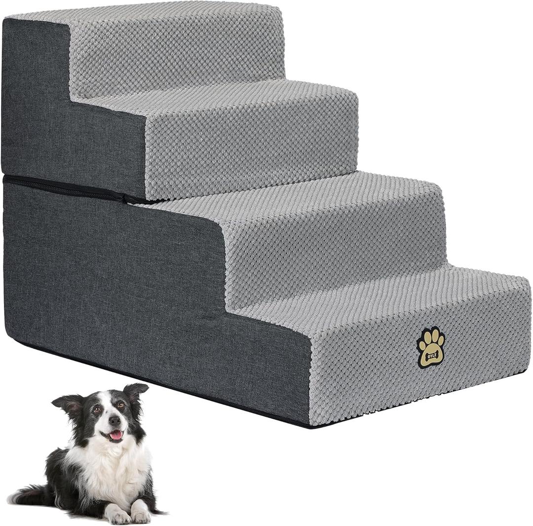 Dog Stairs Pets Steps 4 Gray Pet Ladder for Sofa Couch and Bed Made of High Density Sponge Stairs with Removable Washable Cover Non-Slip Base 18" H