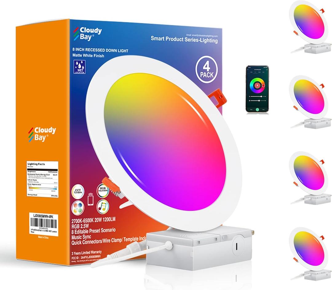 CLOUDY BAY [4 Pack] 8 inch Smart WiFi LED Recessed Lights,20W RGBCW Color Changing Recessed Lighting,Compatible with Alexa and Google Home Assistant,No Hub Required,2700K6500K,CRI90+ Wet Location